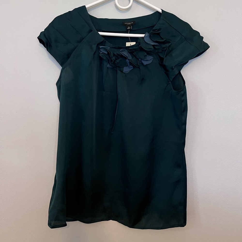 Dark Green Silk Blouse with Petal Embellishment, Cap Sleeves
